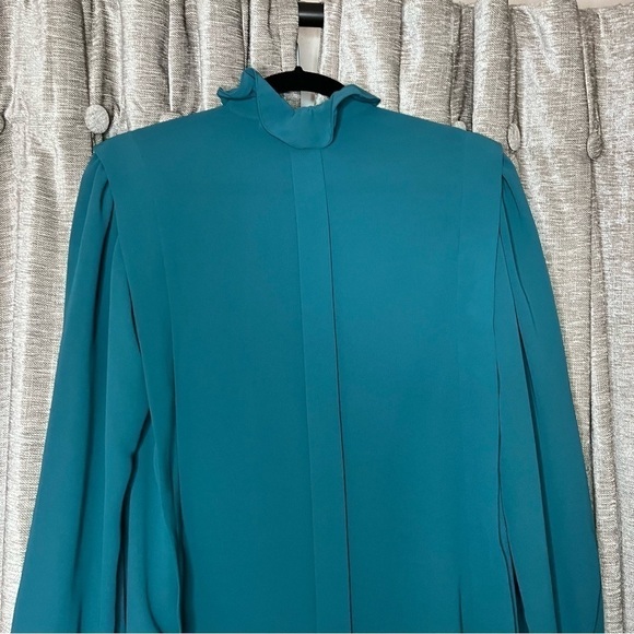 Vintage Ruffle High Neck Turquoise Blue Button Front Blouse Size 8 - Picture 15 of 16